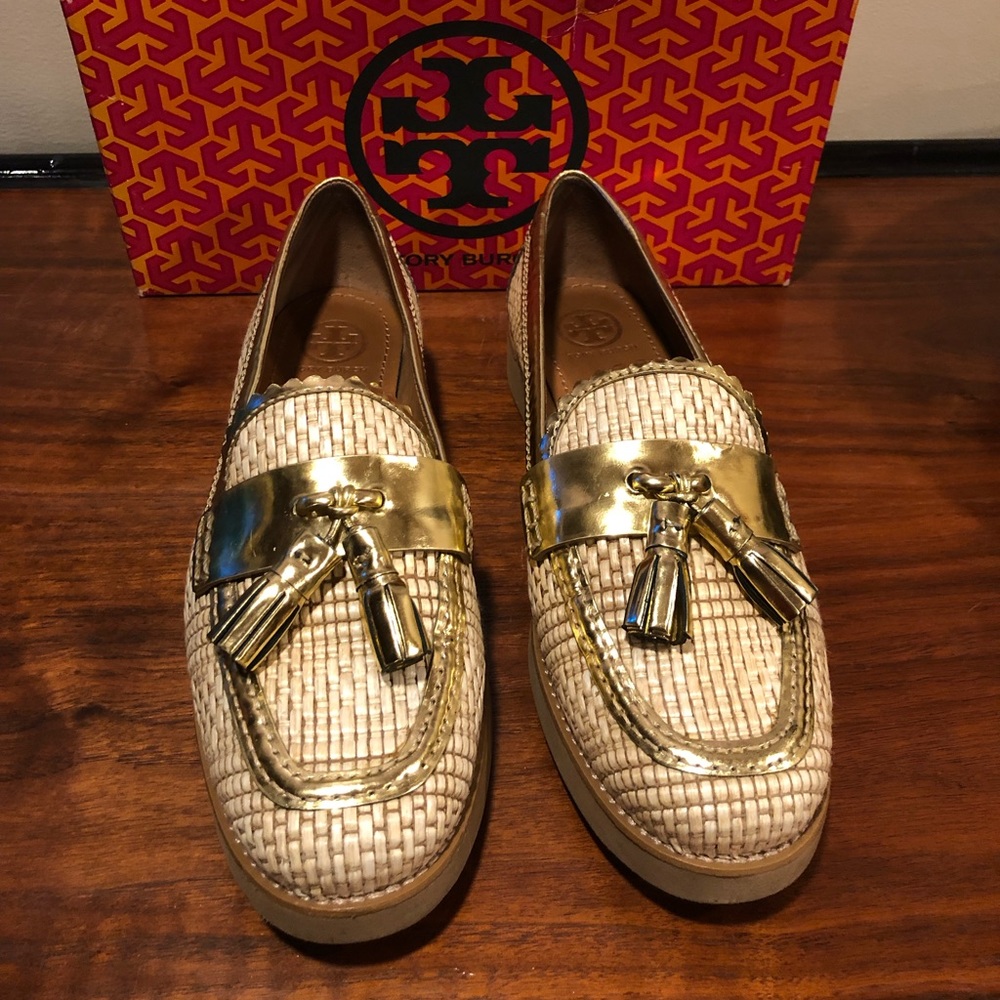 Tory Burch Gold and Tan Metallic Flats